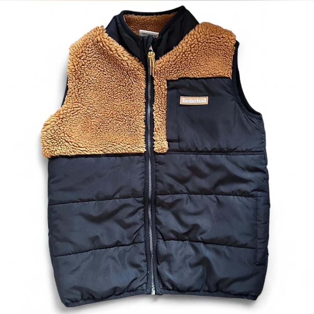 Timberland Kids' Size 6 Black and‎ Tan Puffer Vest With Sherpa